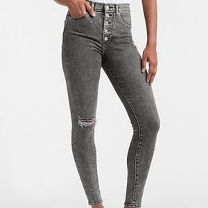 High Waisted Button Front Faded Black Skinny Jeans